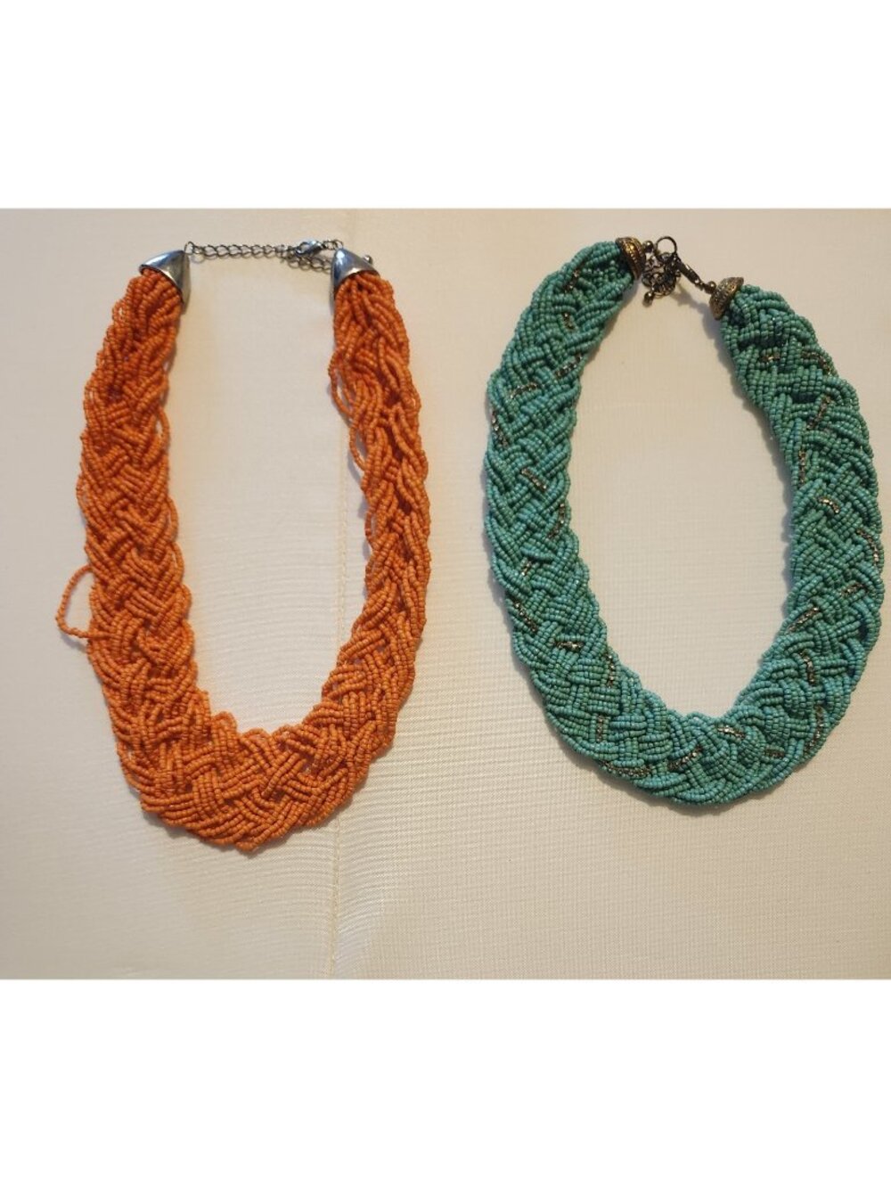 Lot of 2 Bold Statement Necklaces Braided Beads Orange Turquoise - Picture 1 of 6